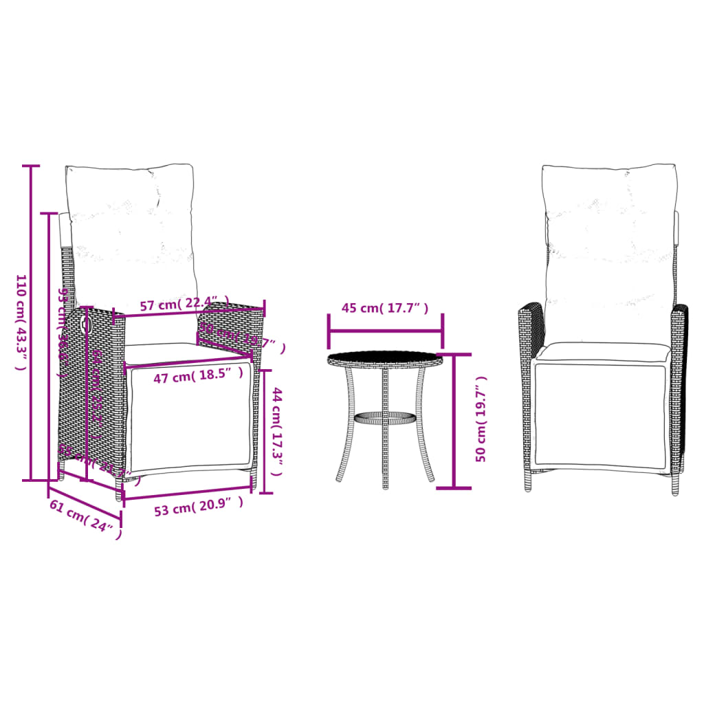 vidaXL 3 Piece Bistro Set with Cushions Grey Poly Rattan