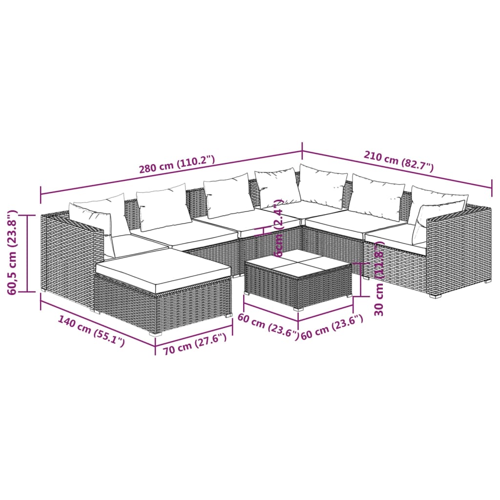 vidaXL 8 Piece Garden Lounge Set with Cushions Poly Rattan Brown