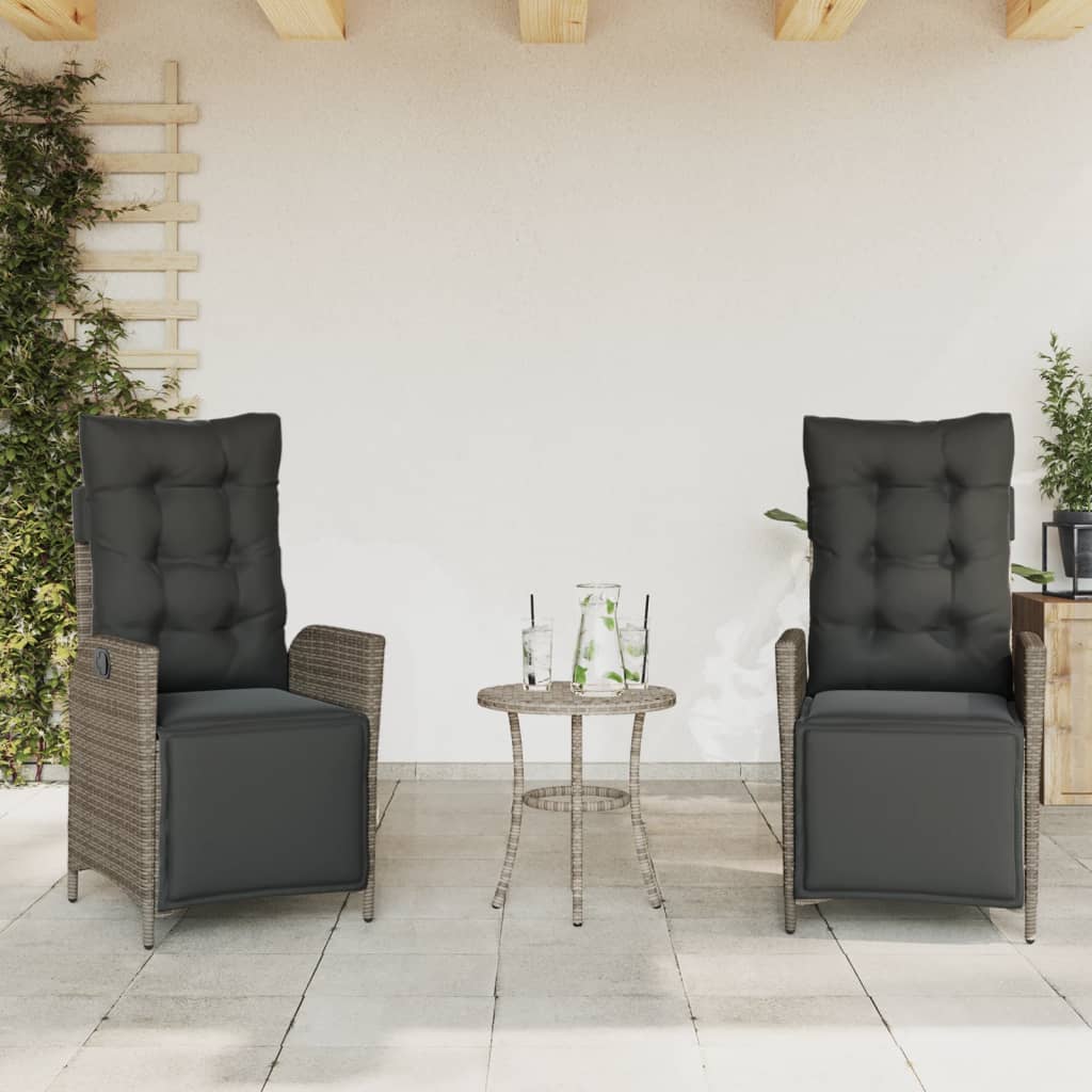 vidaXL 3 Piece Bistro Set with Cushions Grey Poly Rattan