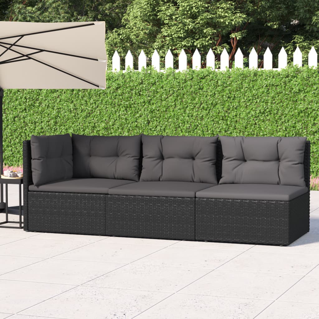 vidaXL 3 Piece Garden Lounge Set with Cushions Black Poly Rattan