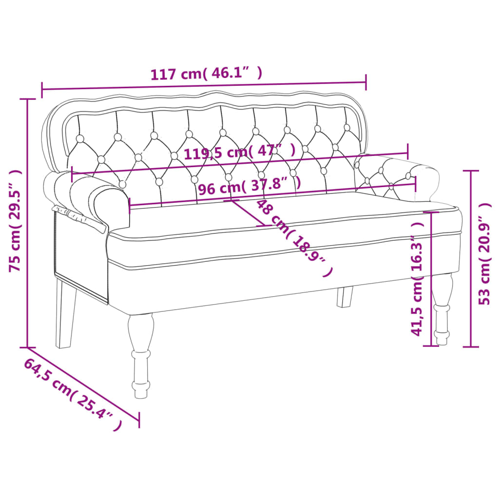 vidaXL Bench with Backrest Black 119.5x64.5x75 cm Velvet