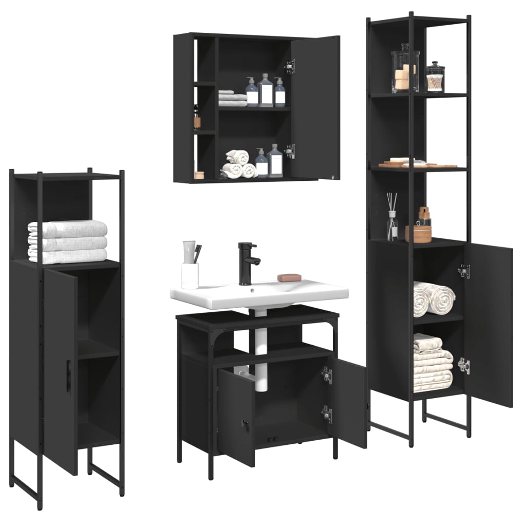 vidaXL 4 Piece Bathroom Cabinet Set Black Engineered Wood