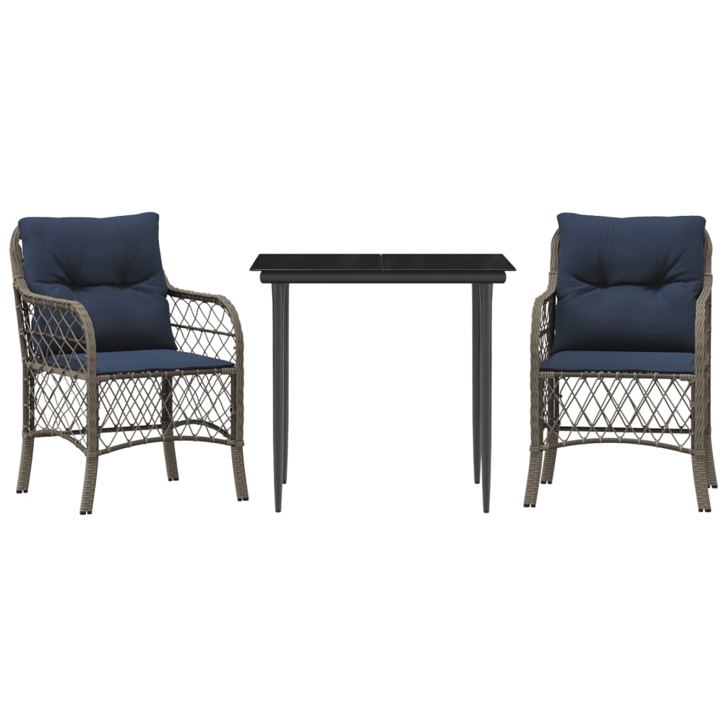 vidaXL 3 Piece Bistro Set with Cushions Grey Poly Rattan