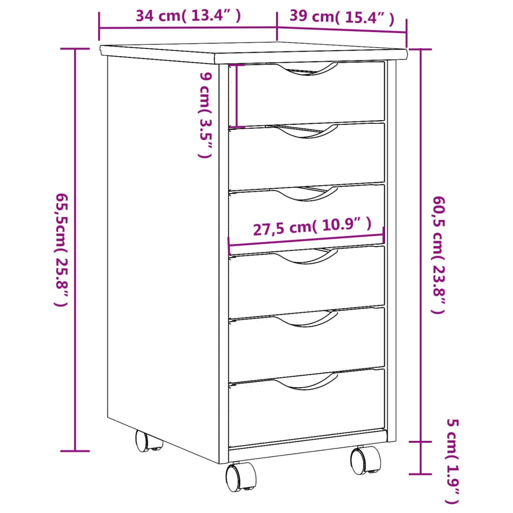 vidaXL Rolling Cabinet with Drawers MOSS Honey Brown Solid Wood Pine