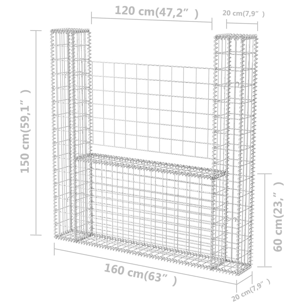 vidaXL Gabion Basket U-Shape Galvanised Steel 160x20x150 cm