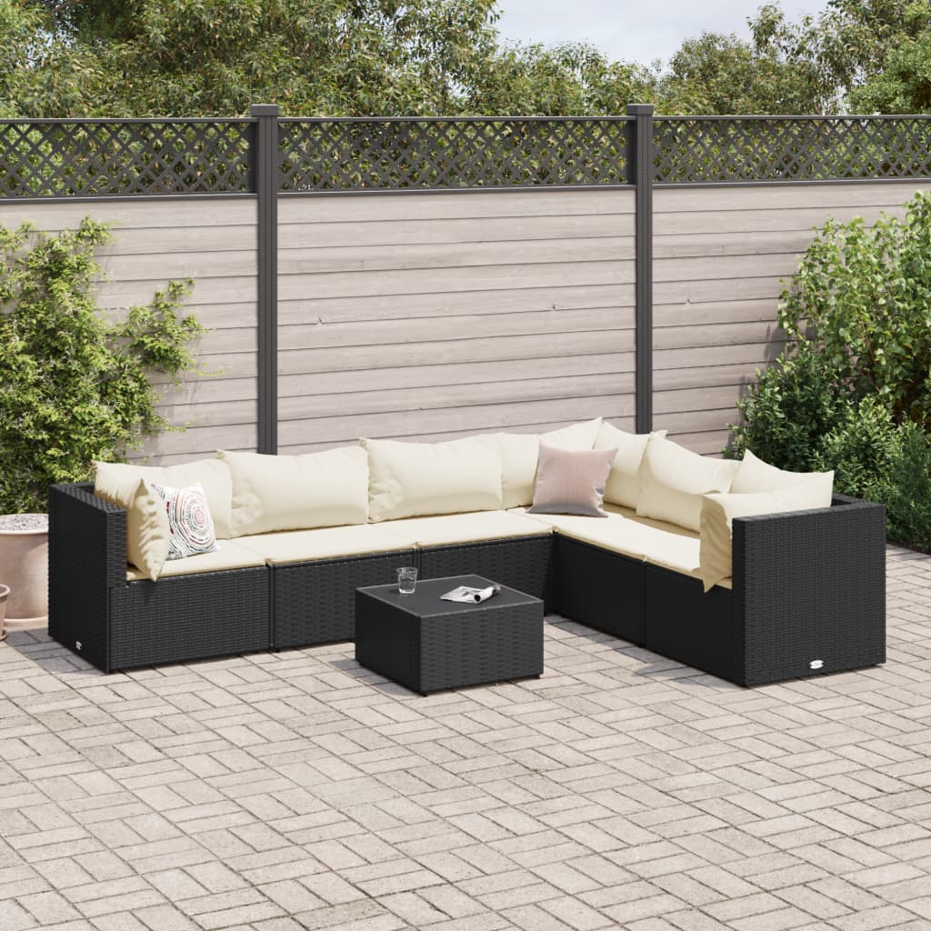 vidaXL 7 Piece Garden Lounge Set with Cushions Black Poly Rattan