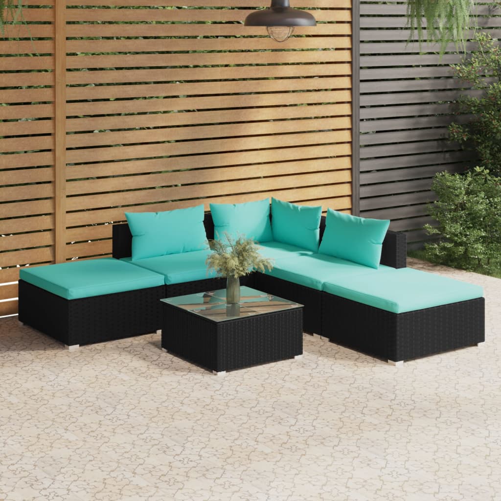 vidaXL 6 Piece Garden Lounge Set with Cushions Poly Rattan Black