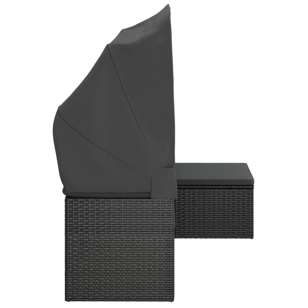 vidaXL 3-Seater Garden Sofa with Roof and Footstool Black Poly Rattan