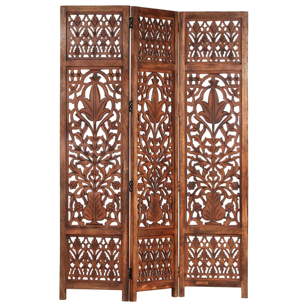 vidaXL Hand Carved 3-Panel Room Divider Brown 120x165 cm Solid Mango Wood