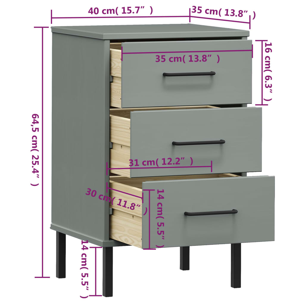 vidaXL Bedside Cabinet with Metal Legs Grey Solid Wood Pine OSLO