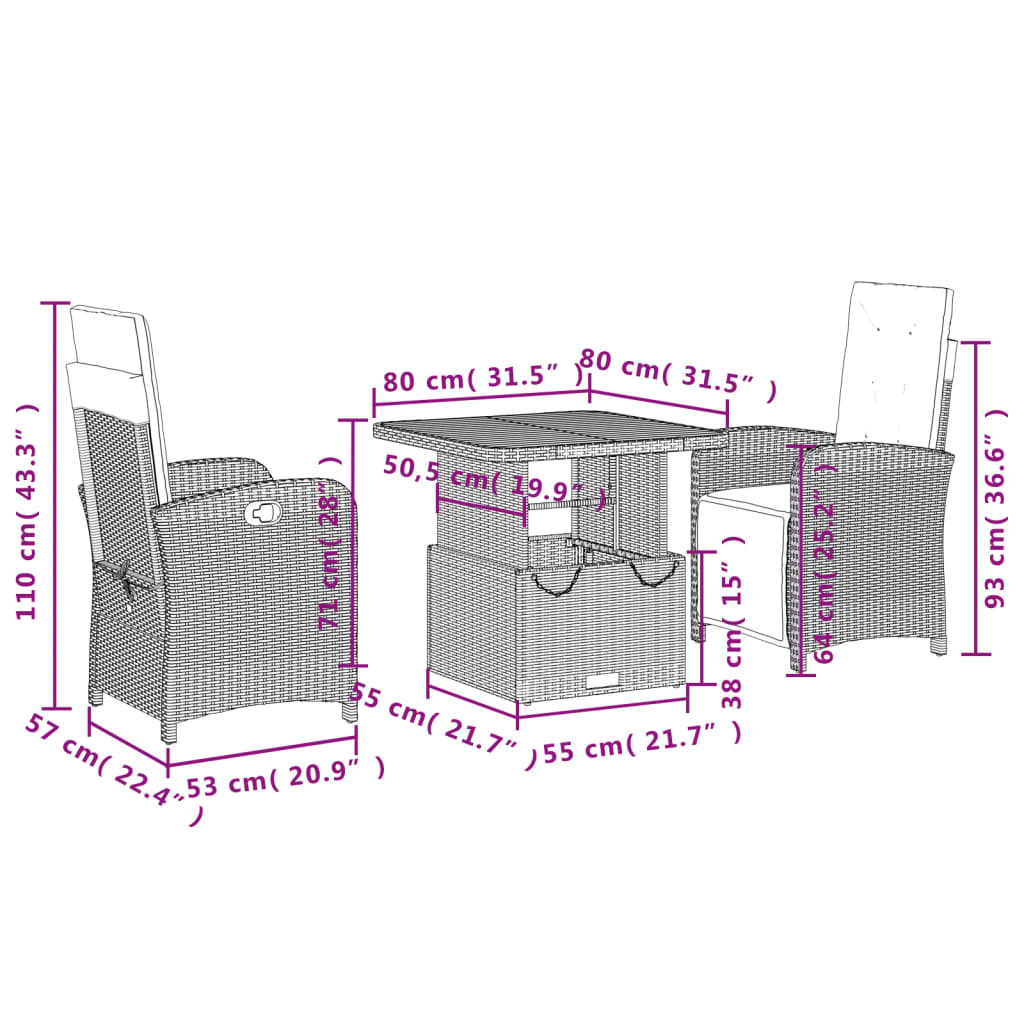 vidaXL 3 Piece Garden Dining Set with Cushions Black Poly Rattan