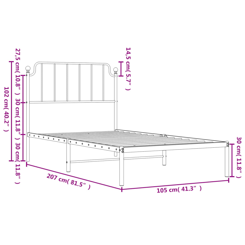 vidaXL Metal Bed Frame with Headboard White 100x200 cm
