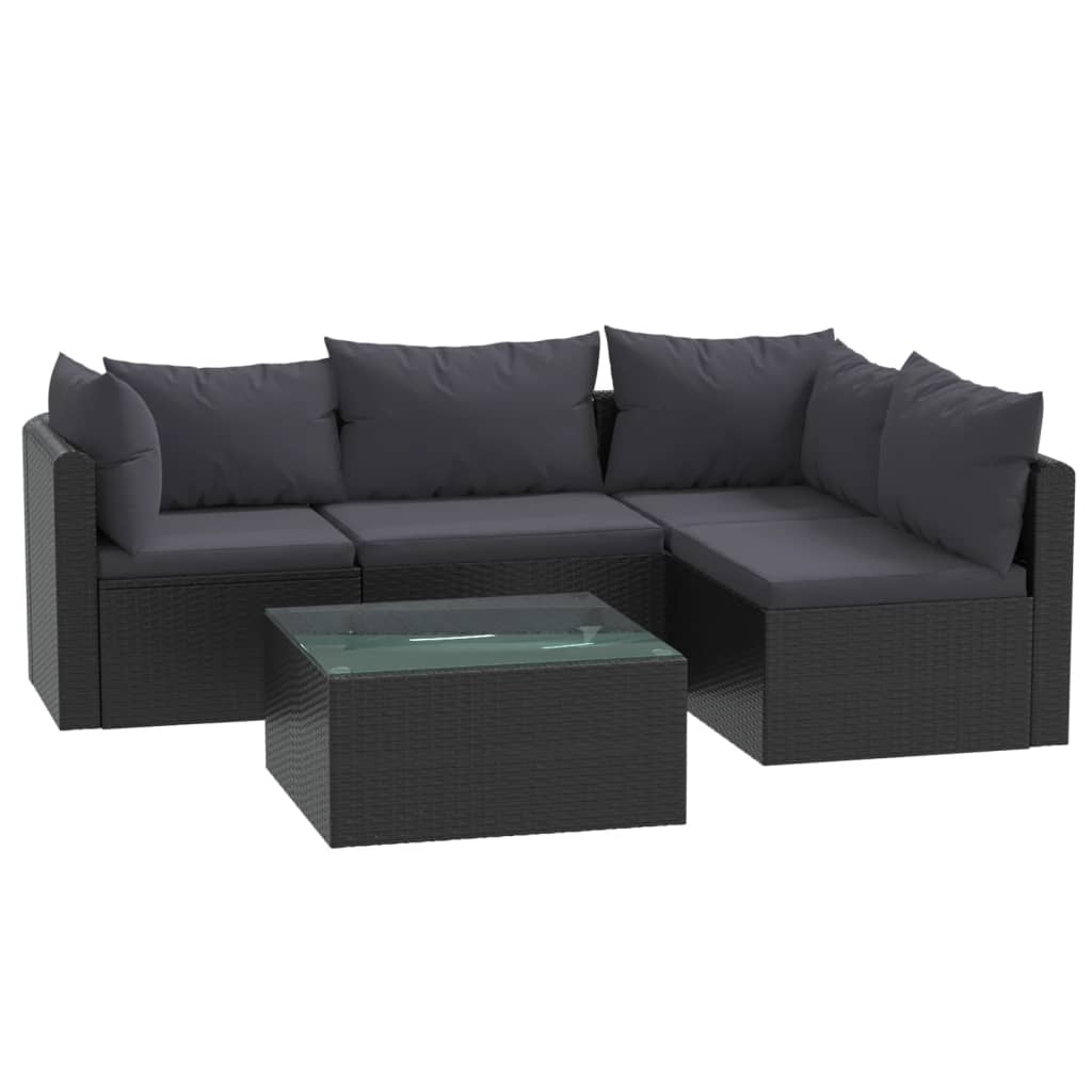 vidaXL 5 Piece Garden Lounge Set with Cushions Poly Rattan Black