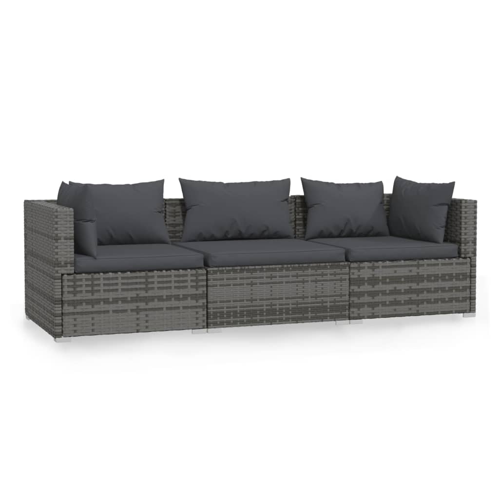 vidaXL 3-Seater Sofa with Cushions Grey Poly Rattan