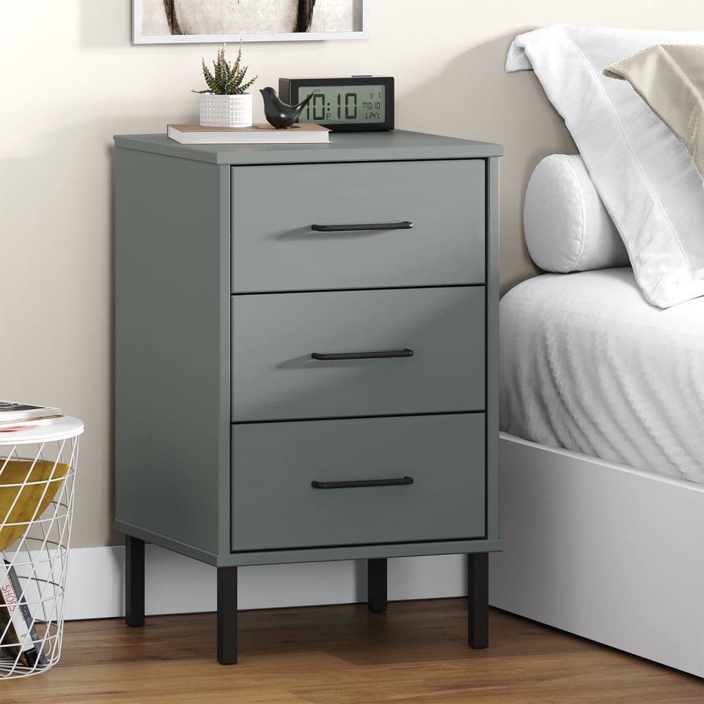 vidaXL Bedside Cabinet with Metal Legs Grey Solid Wood Pine OSLO