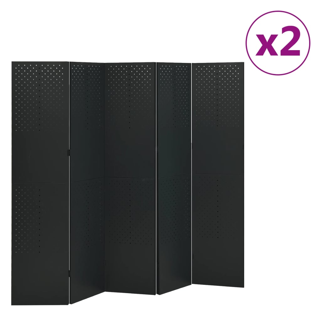 vidaXL 5-Panel Room Dividers 2 pcs Black 200x180 cm Steel