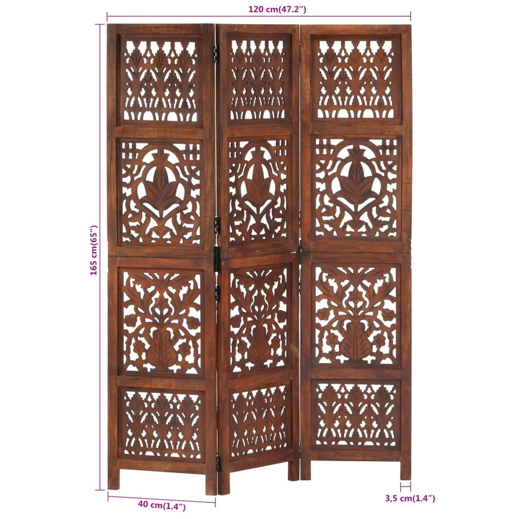 vidaXL Hand Carved 3-Panel Room Divider Brown 120x165 cm Solid Mango Wood