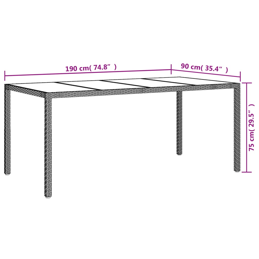 vidaXL Garden Table White 190x90x75 cm Tempered Glass and Poly Rattan