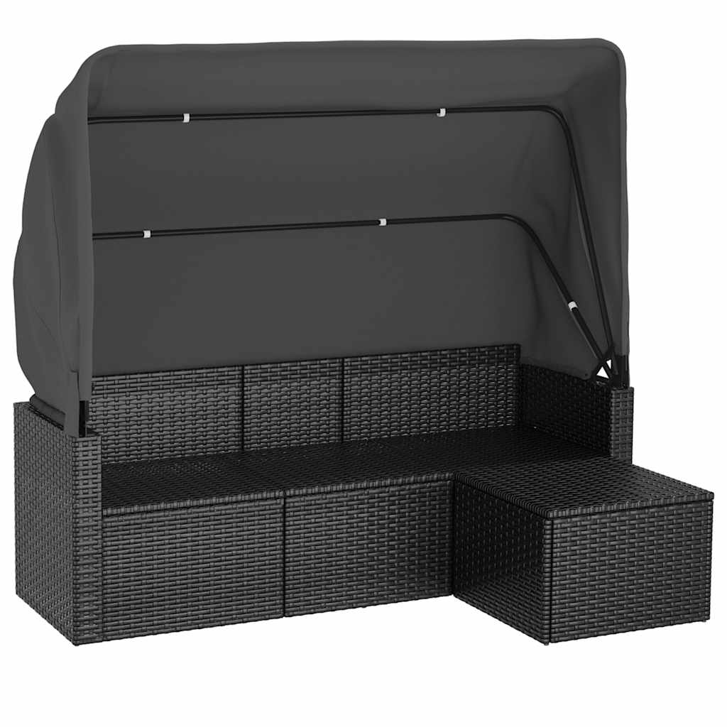 vidaXL 3-Seater Garden Sofa with Roof and Footstool Black Poly Rattan