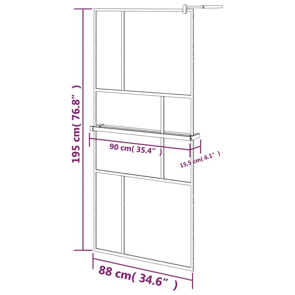 vidaXL Walk-in Shower Wall with Shelf Black 90x195 cm ESG Glass&Aluminium