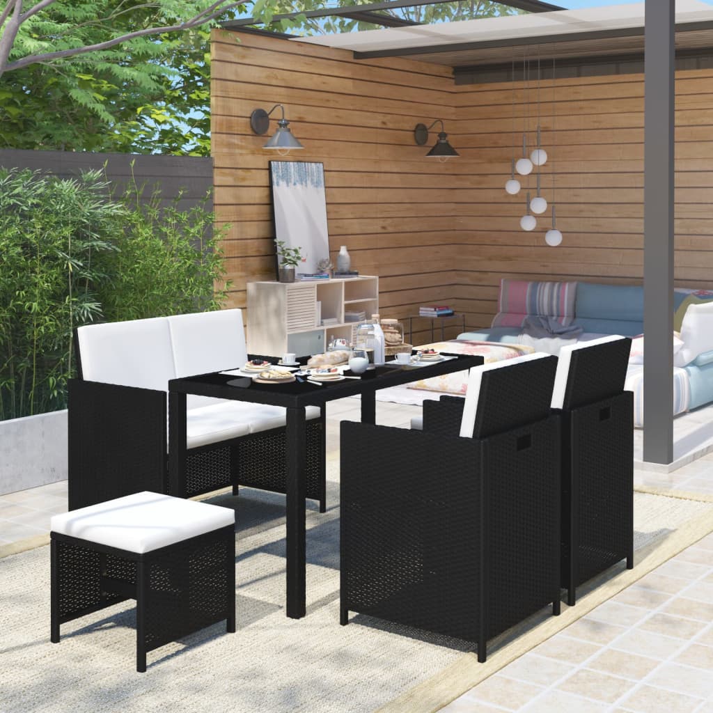 vidaXL 6 Piece Outdoor Dining Set with Cushions Poly Rattan Black