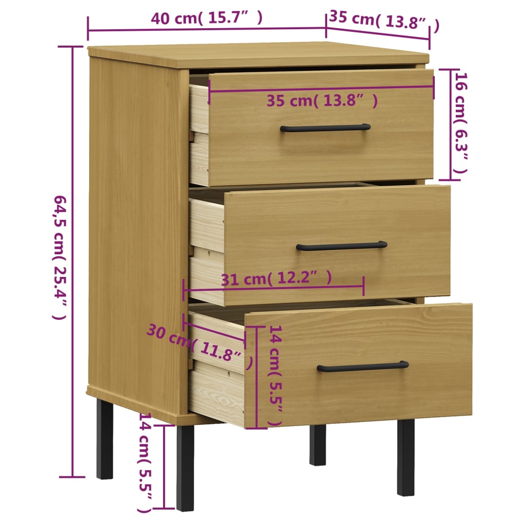 vidaXL Bedside Cabinet with Metal Legs Brown Solid Wood Pine OSLO