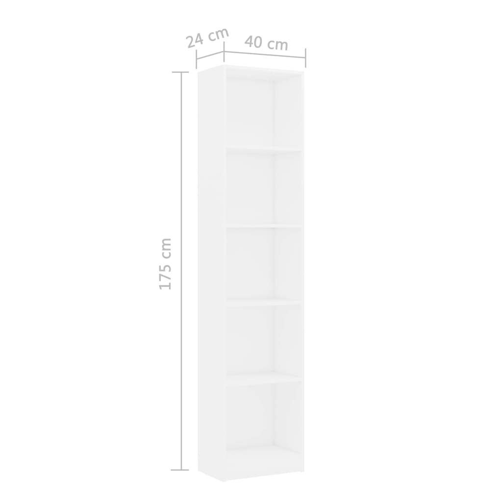 vidaXL 5-Tier Book Cabinet White 40x24x175 cm Engineered Wood