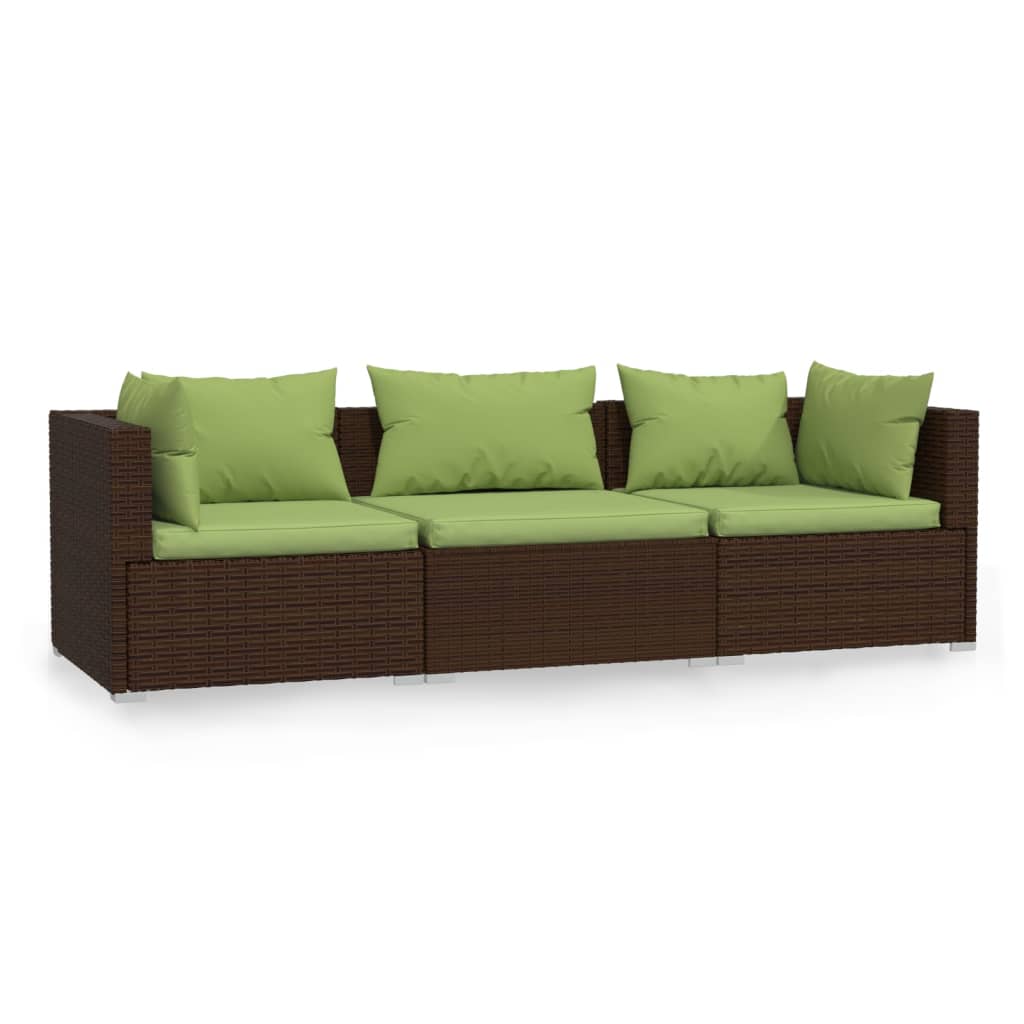 vidaXL 3-Seater Sofa with Cushions Brown Poly Rattan