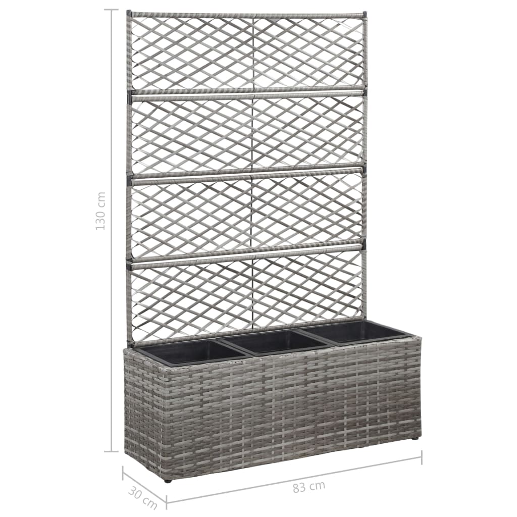 vidaXL Trellis Raised Bed with 3 Pots 83x30x130 cm Poly Rattan Grey