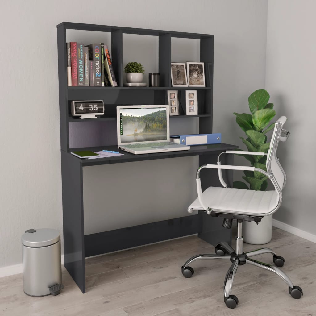 vidaXL Desk with Shelf High Gloss Grey 110x45x157 cm Engineered Wood