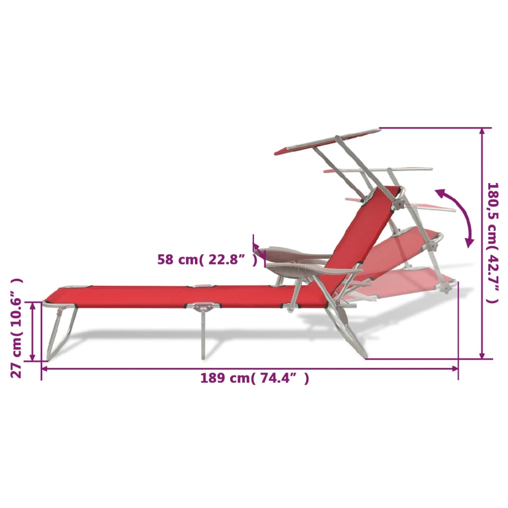 vidaXL Sun Lounger with Canopy Steel Red