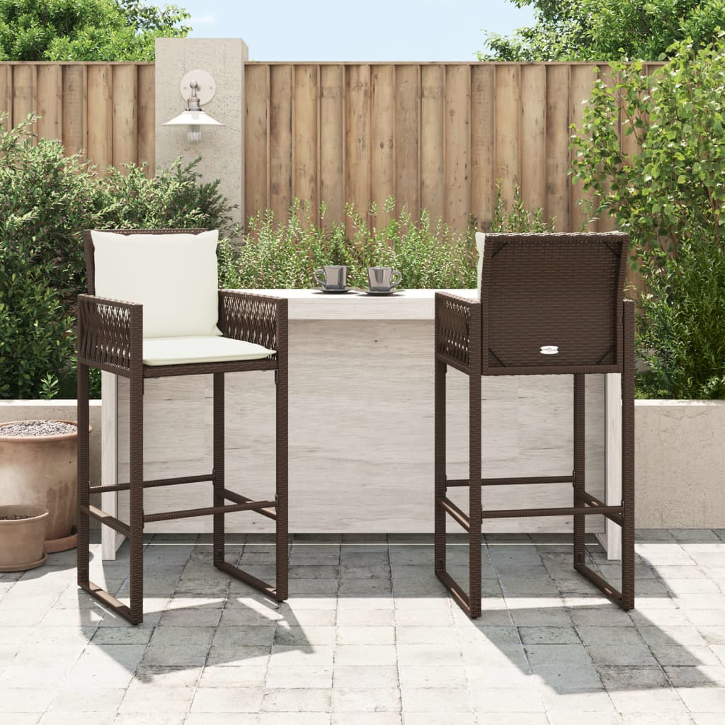 vidaXL Garden Bar Stools with Cushions 2 pcs Brown Poly Rattan