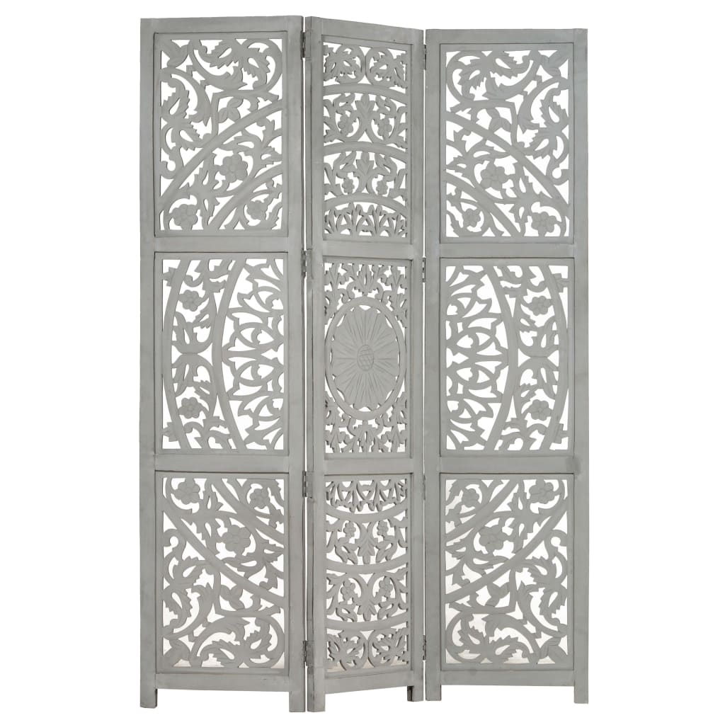 vidaXL Hand carved 3-Panel Room Divider Grey 120x165 cm Solid Mango Wood