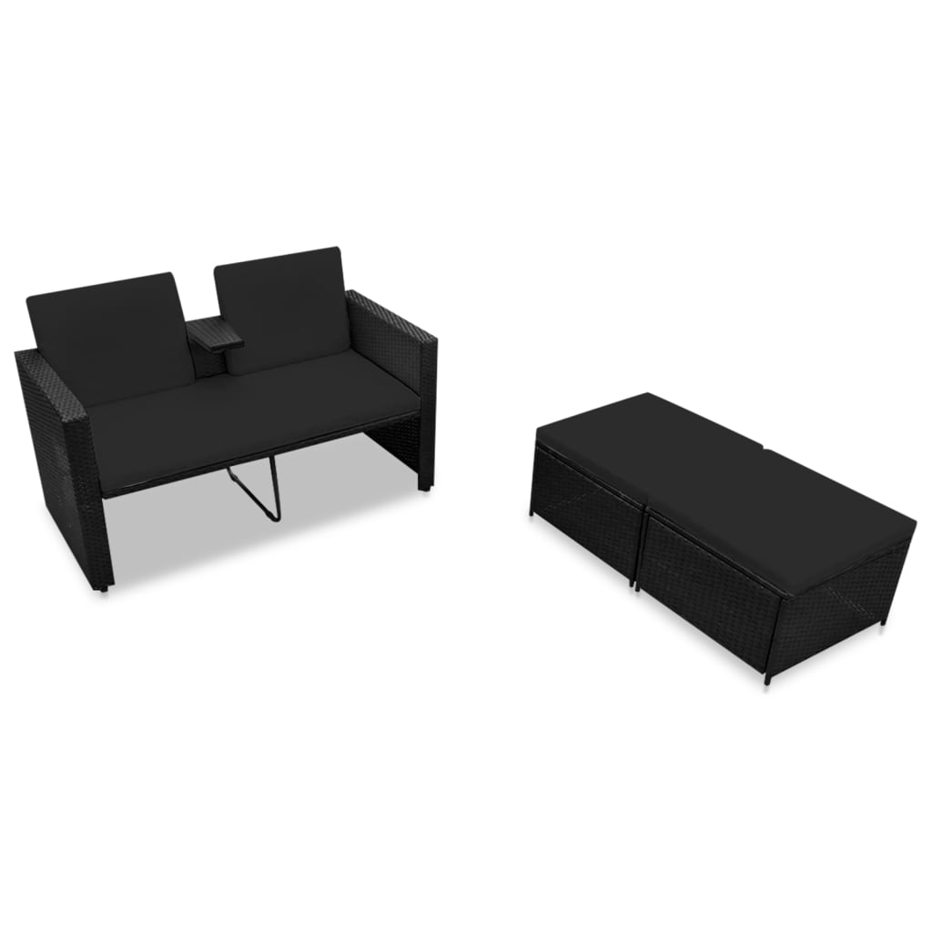 vidaXL 3 Piece Garden Lounge Set with Cushions Poly Rattan Black