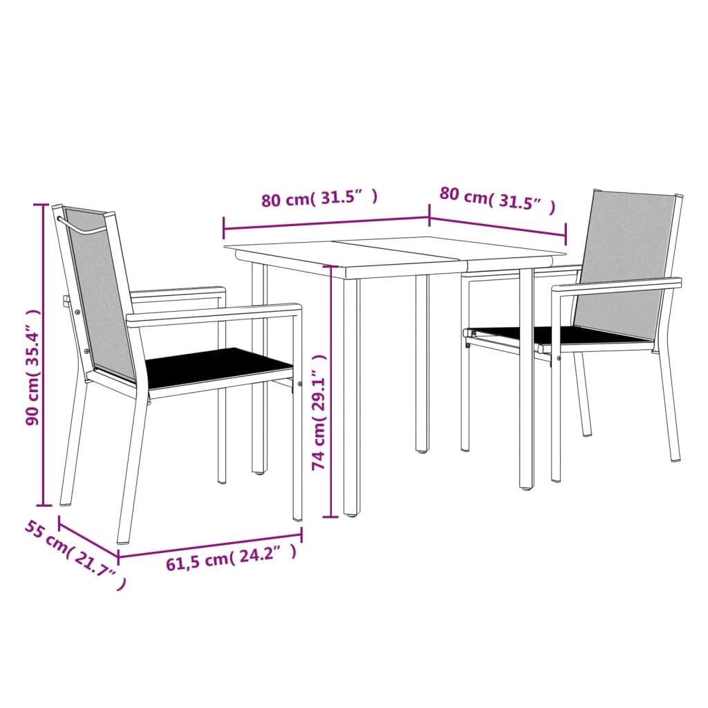 vidaXL 3 Piece Garden Dining Set Black Textilene and Steel