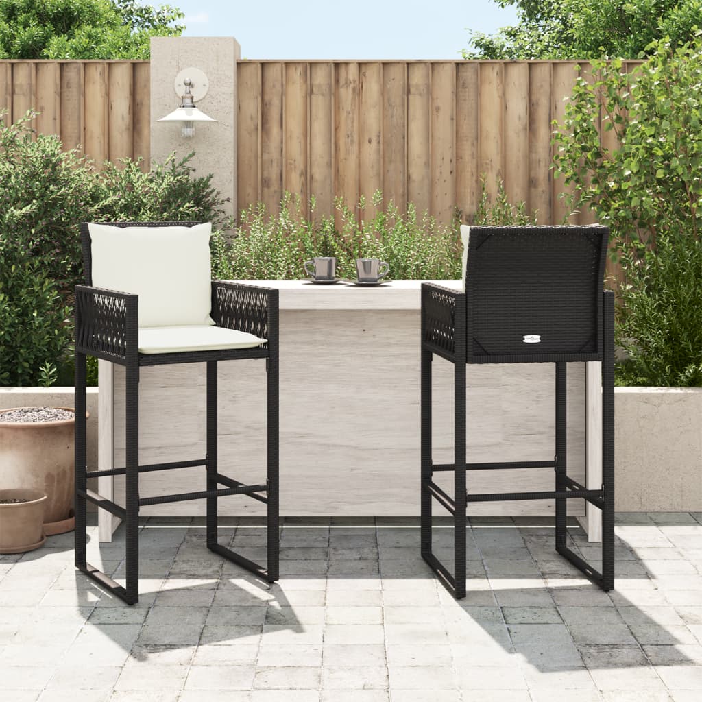 vidaXL Garden Bar Stools with Cushions 2 pcs Black Poly Rattan