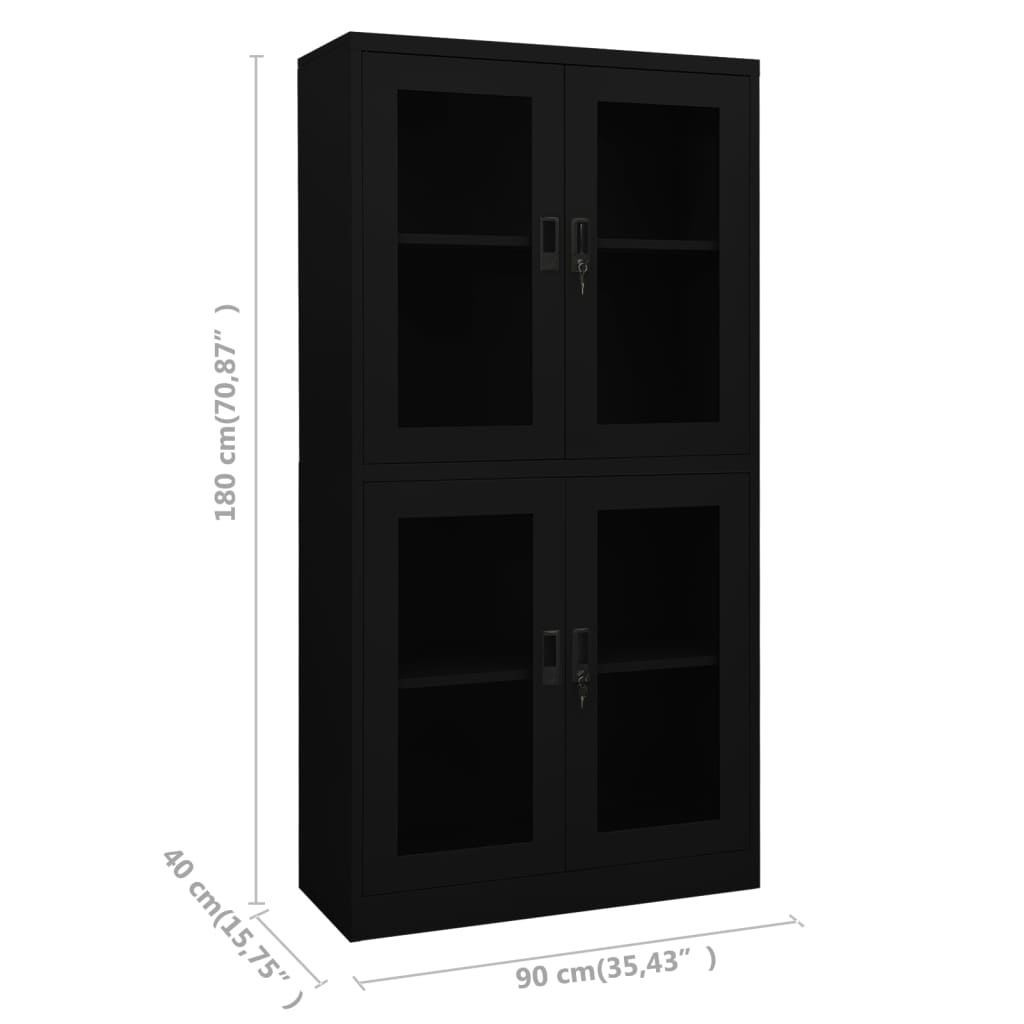 vidaXL Office Cabinet Black 90x40x180 cm Steel and Tempered Glass