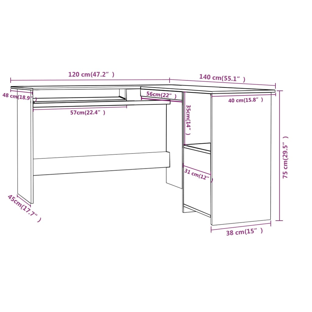 vidaXL L-Shaped Corner Desk Grey 120x140x75 cm Engineered Wood