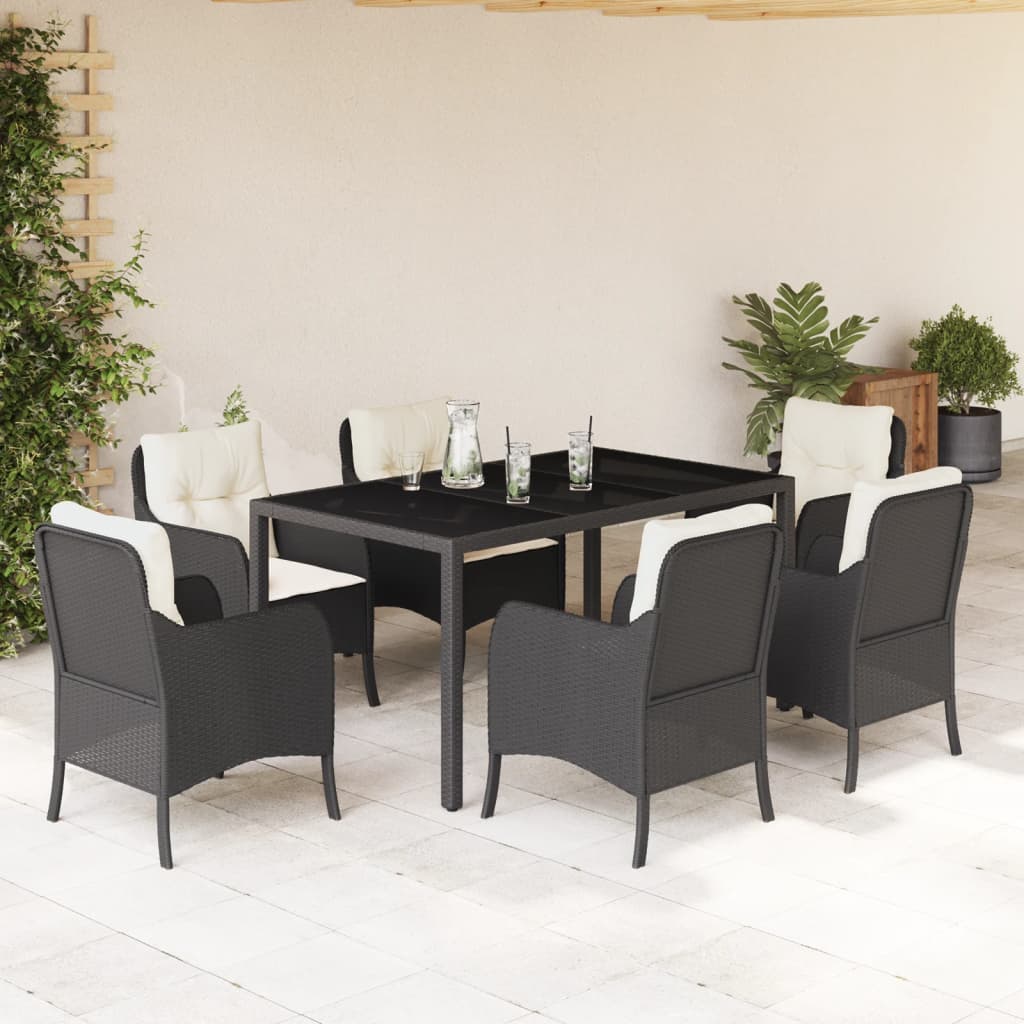 vidaXL 7 Piece Garden Dining Set with Cushions Black Poly Rattan