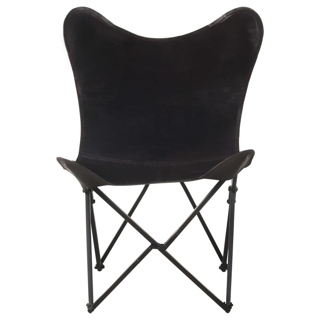 vidaXL Foldable Butterfly Chair Black Real Leather