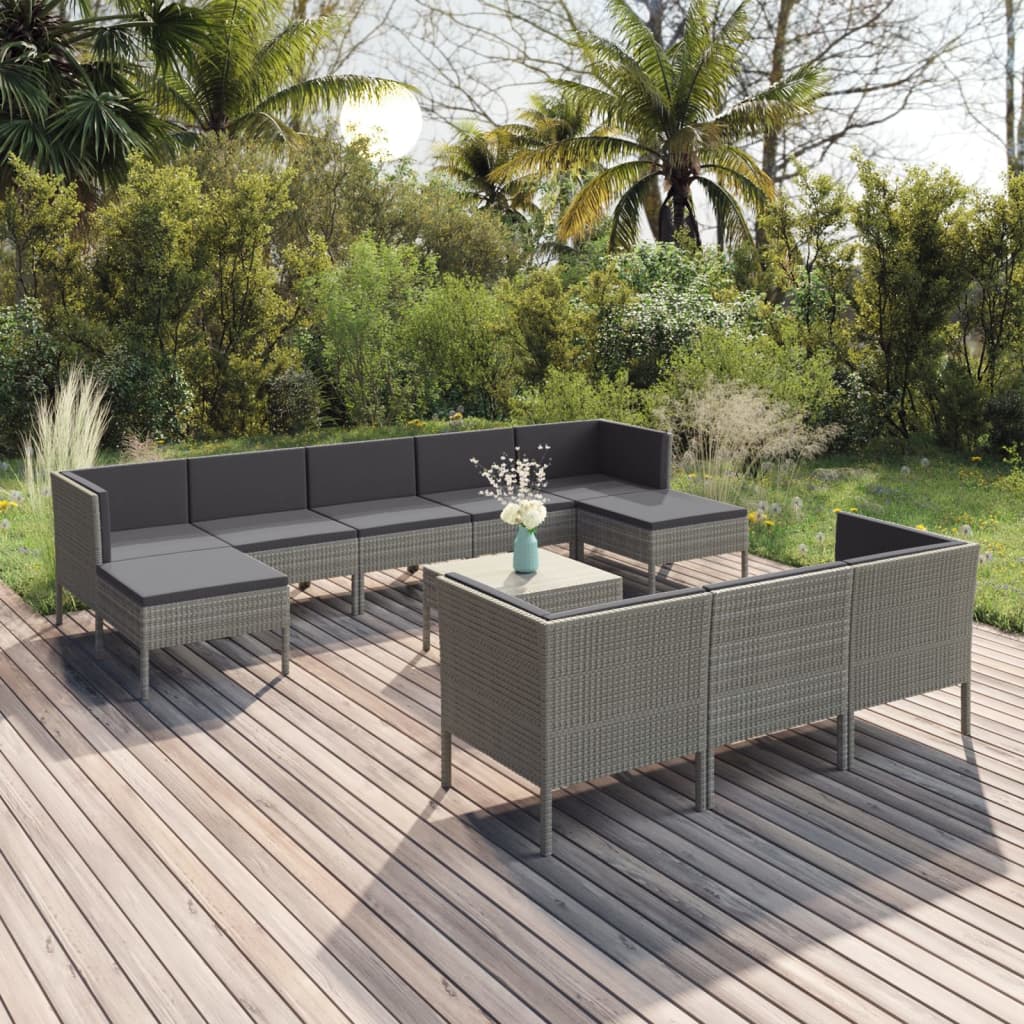 vidaXL 11 Piece Garden Lounge Set with Cushions Poly Rattan Grey