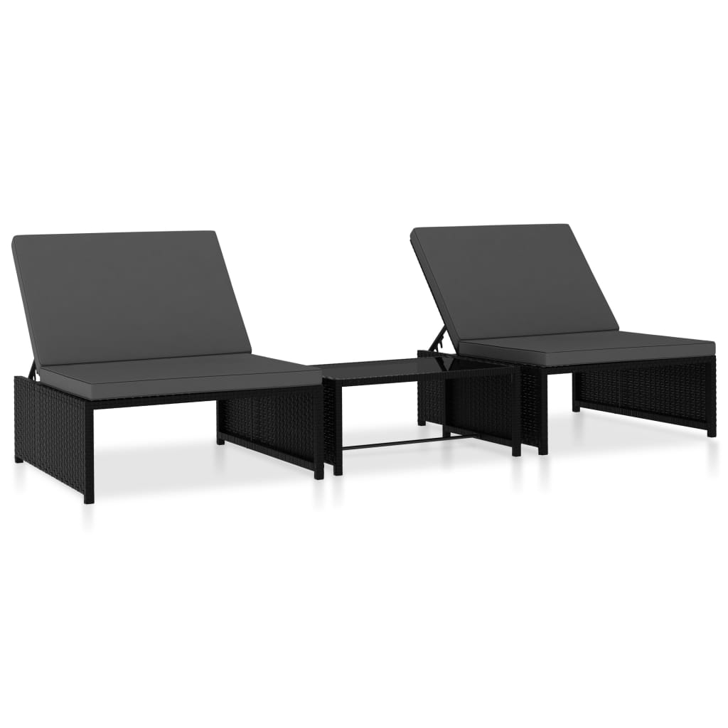 vidaXL Reclining Garden Chairs 2 pcs with Table Black Poly Rattan