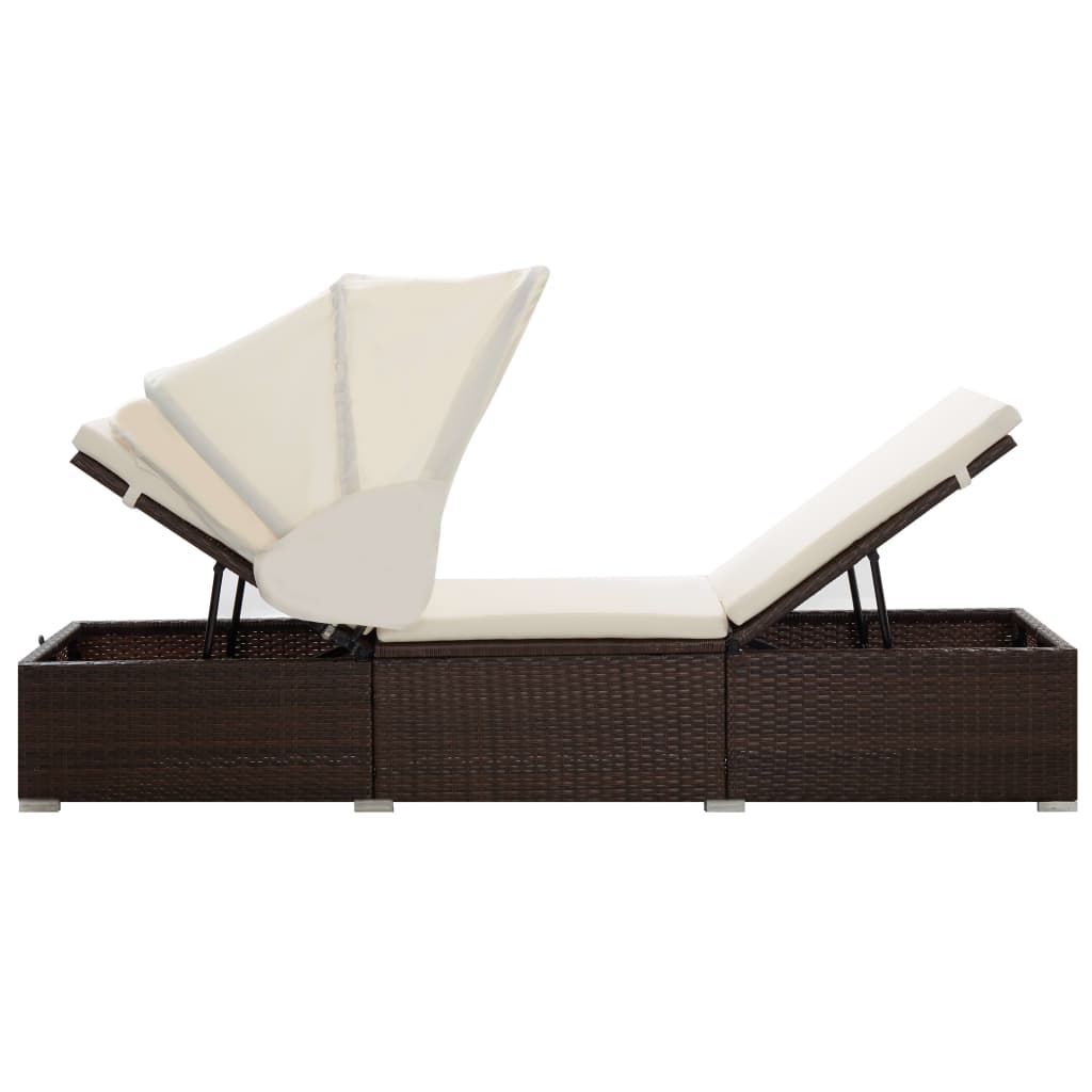 vidaXL Sun Lounger with Canopy and Cushion Poly Rattan Brown