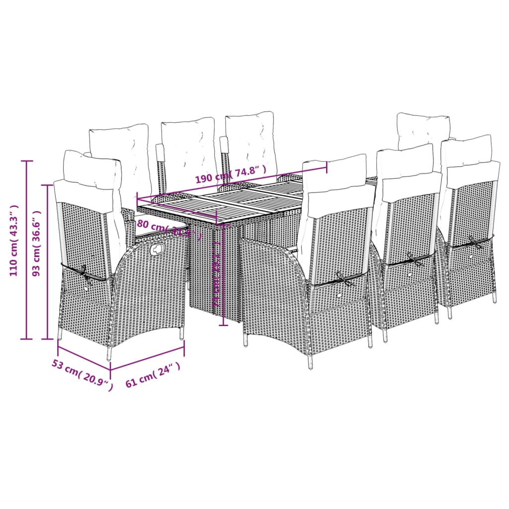 vidaXL 9 Piece Garden Dining Set with Cushions Grey Poly Rattan