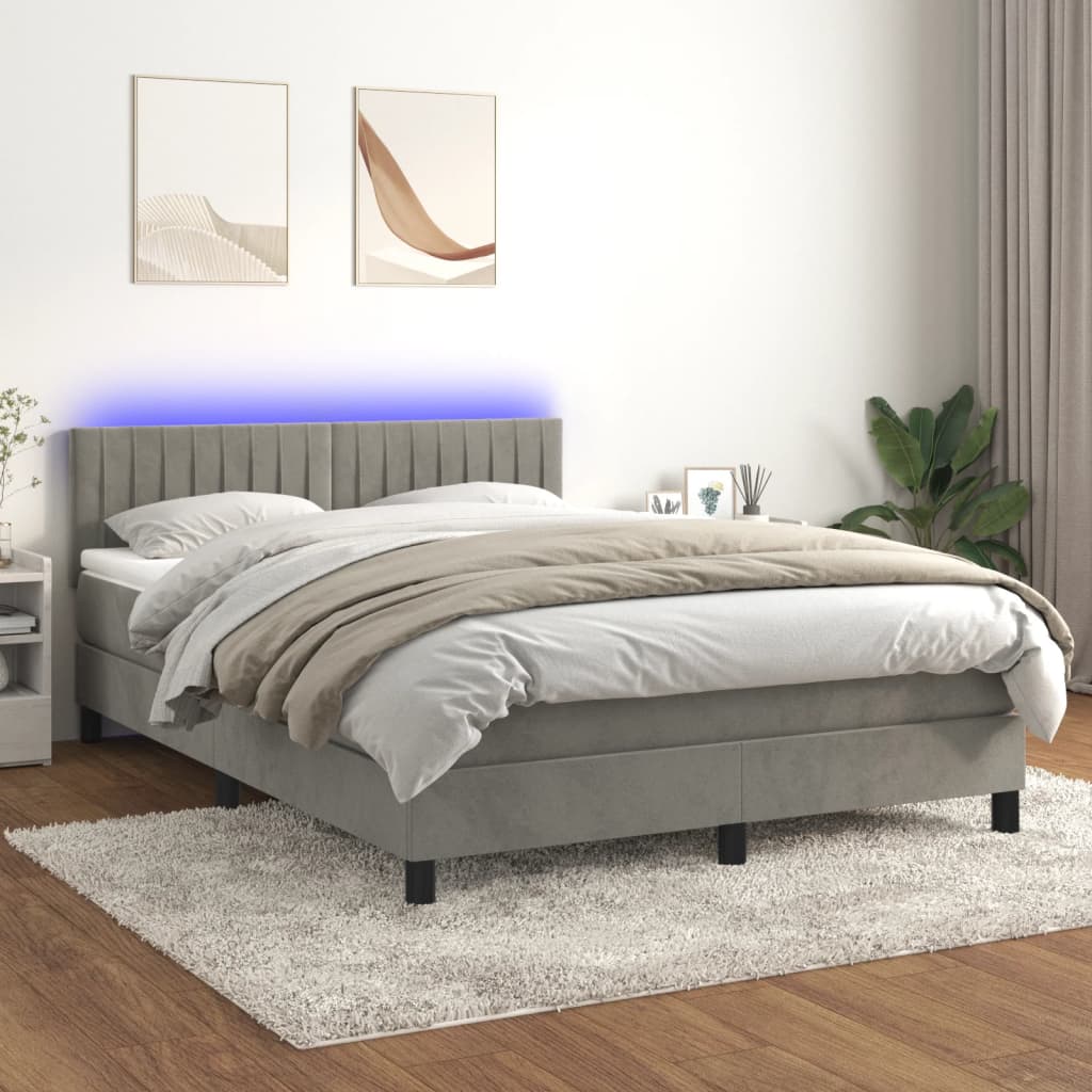 vidaXL Box Spring Bed with Mattress&LED Light Grey Full Velvet