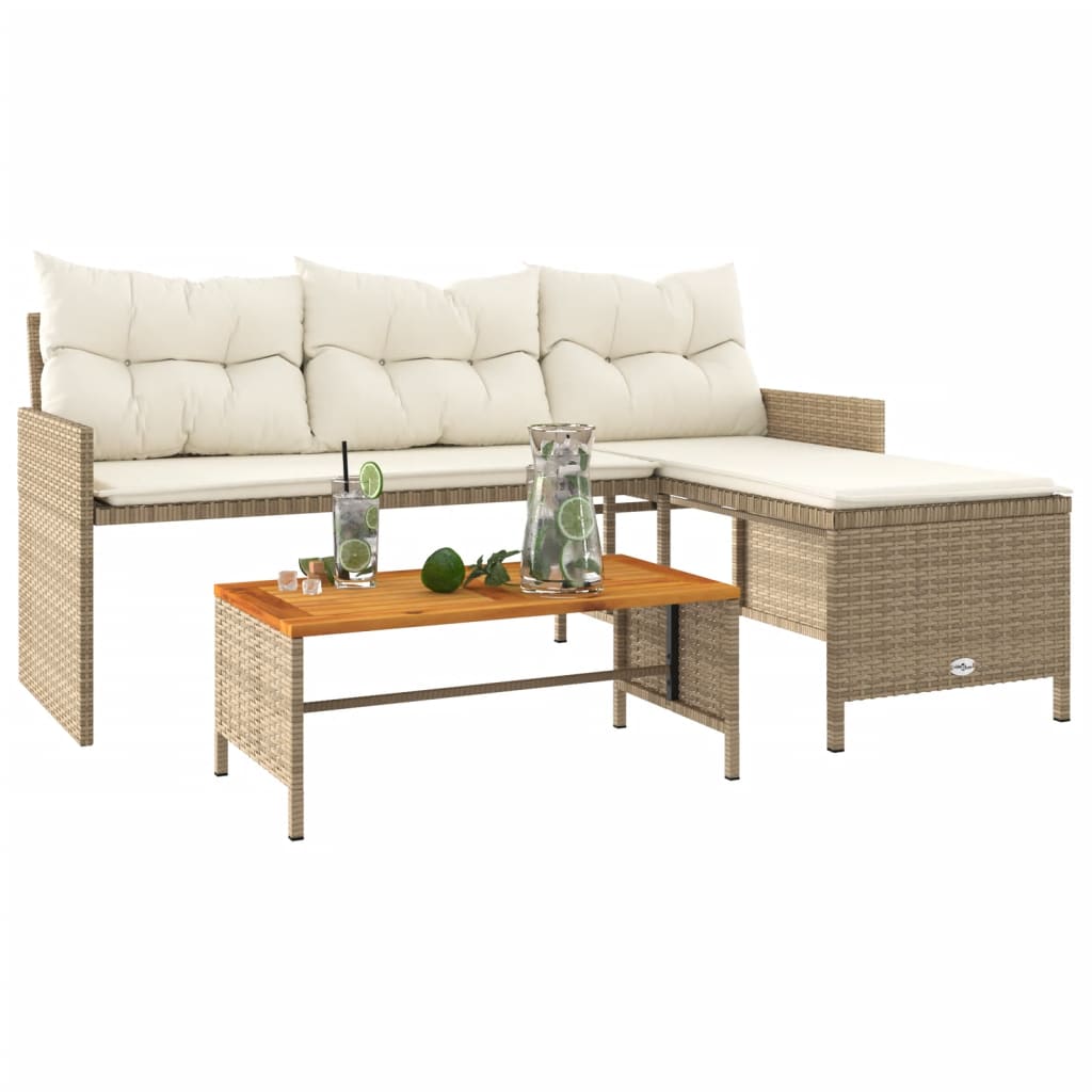 vidaXL Garden Sofa with Table and Cushions L-Shaped Beige Poly Rattan