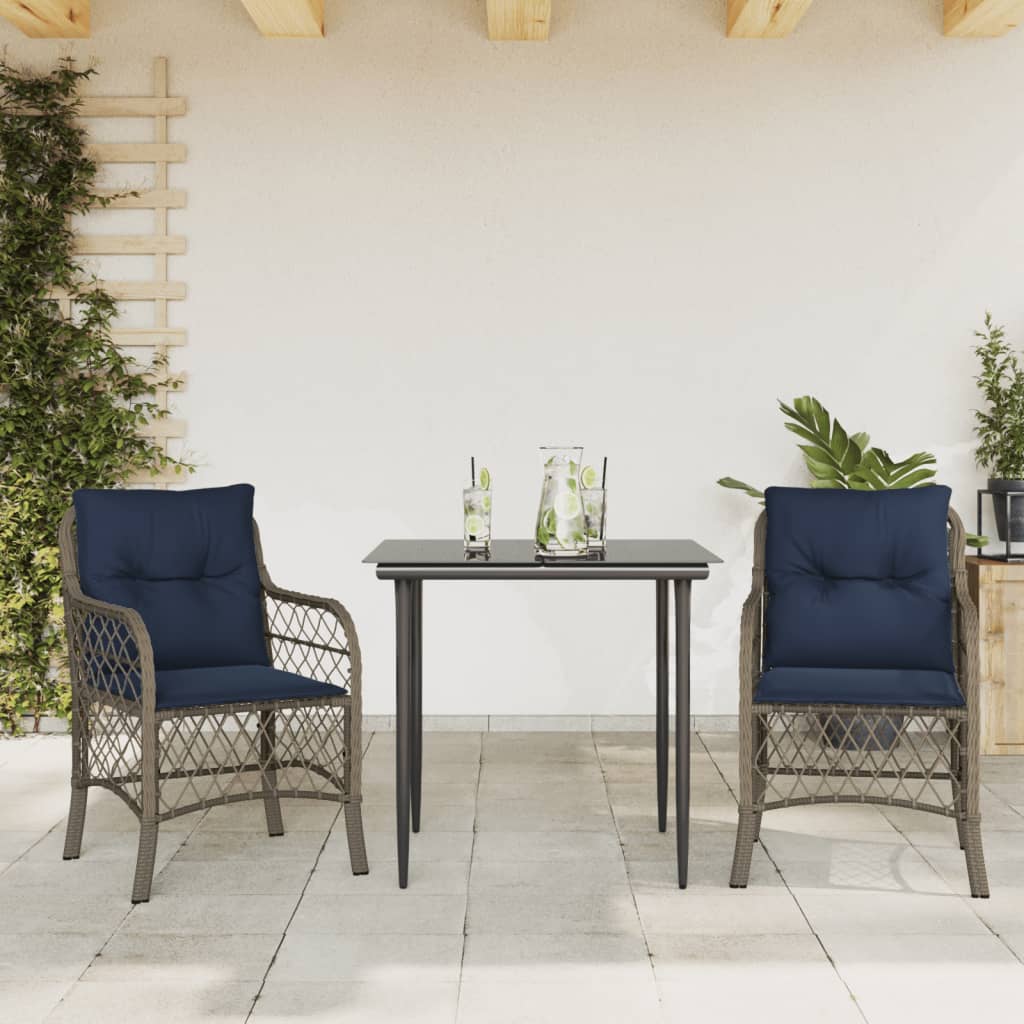 vidaXL 3 Piece Bistro Set with Cushions Grey Poly Rattan