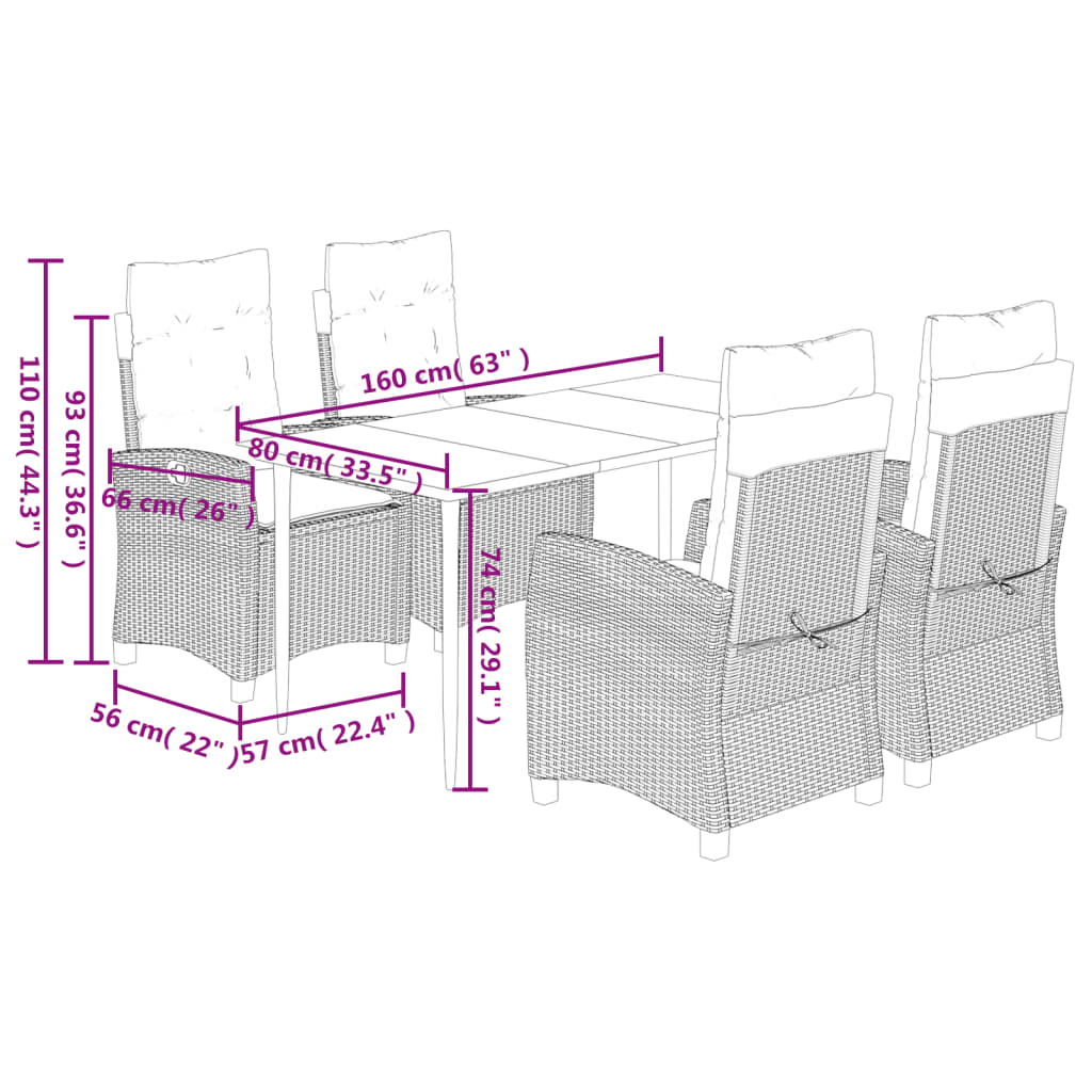 vidaXL 5 Piece Garden Dining Set with Cushions Brown Poly Rattan