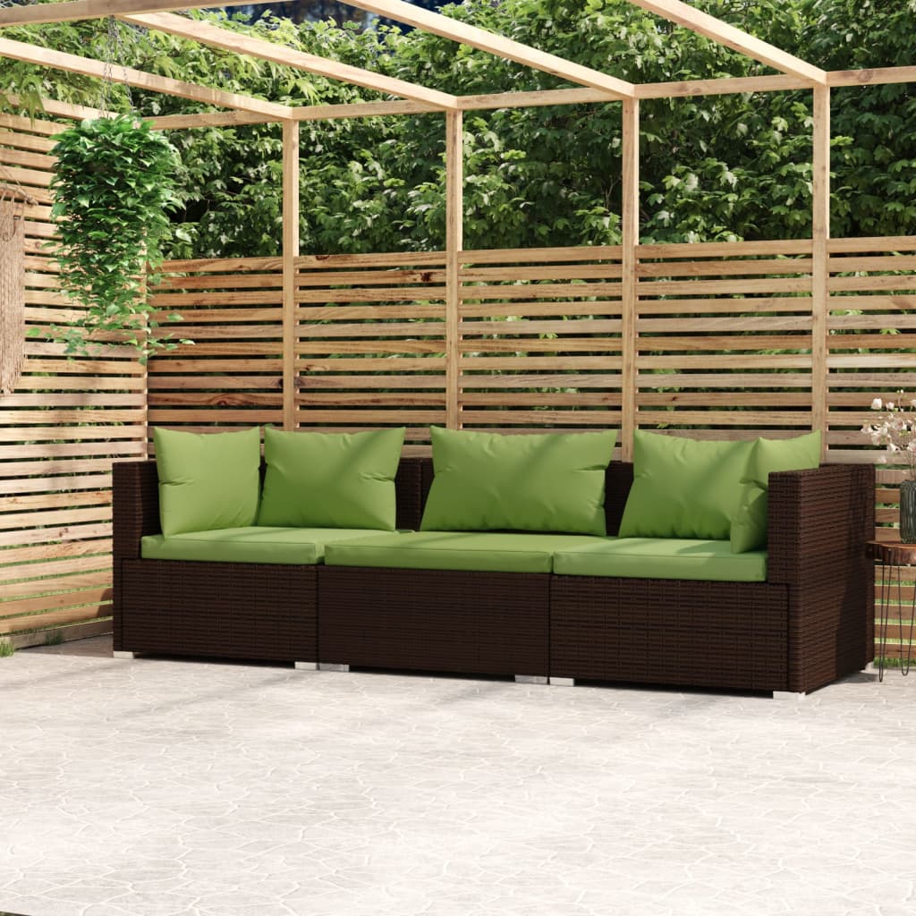 vidaXL 3-Seater Sofa with Cushions Brown Poly Rattan