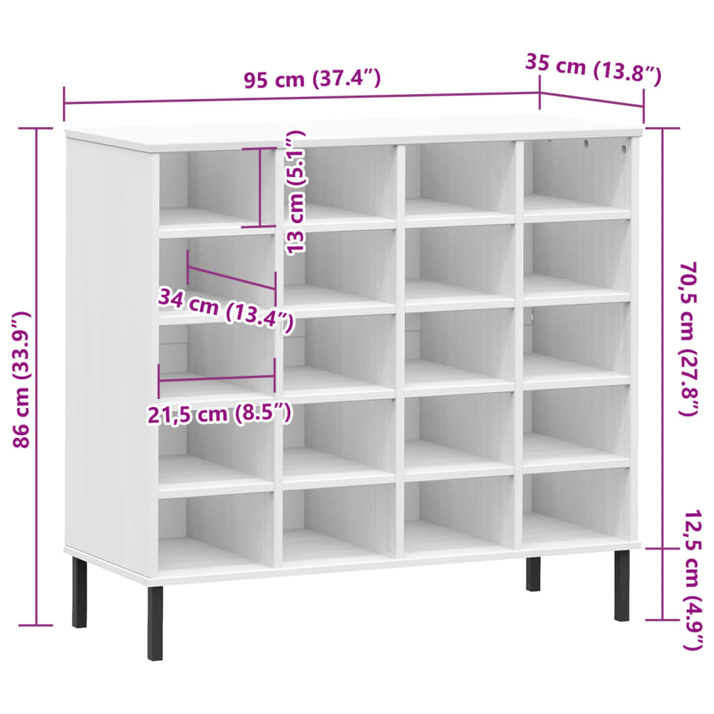 vidaXL Shoe Rack with Metal Legs White 95x35x86 cm Solid Wood OSLO